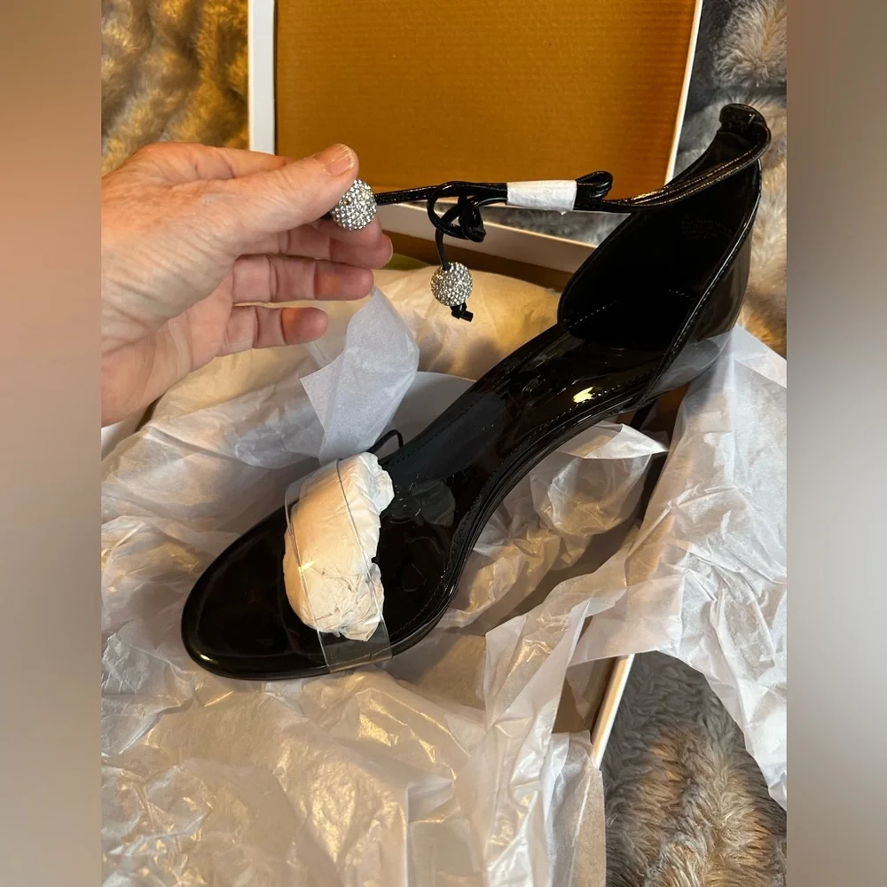 🖤 NWT Express Black Clear PVC Rhinestone Tie Stiletto Heels Size 10